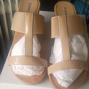 NIB Style & Co. Vern Khaki Embellished Wedge Sandals  Women's Beige Sandals